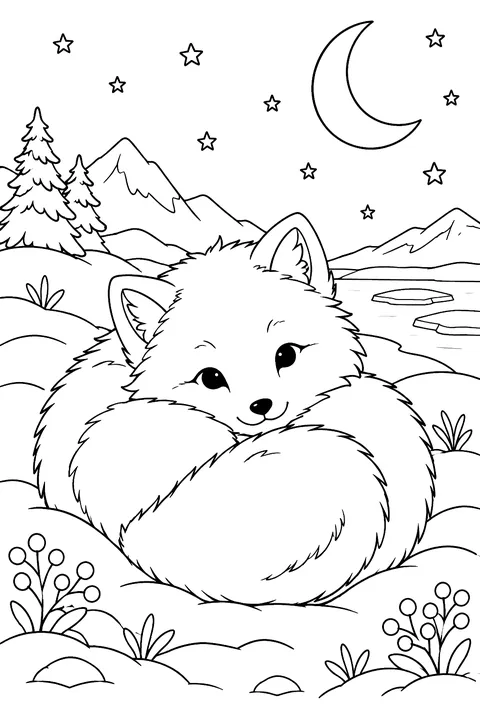 A fluffy arctic fox curled up in the snow under a crescent moon coloring page