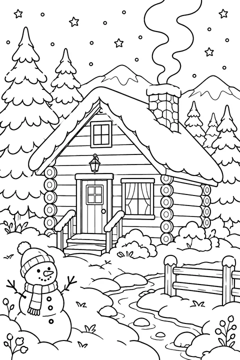 A log cabin in the woods covered in snow with smoke from the chimney and lit windows coloring page