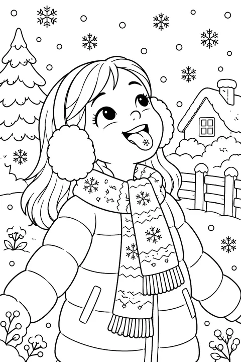 A smiling girl wearing earmuffs, a puffy coat and a scarf catching snowflakes on her tongue coloring page