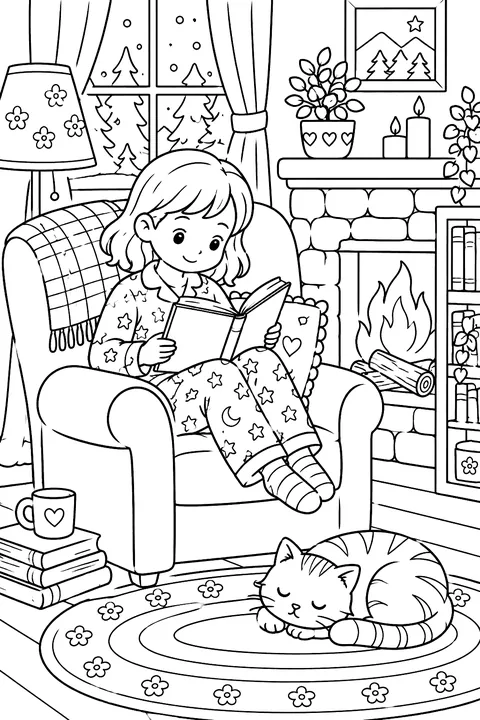A child in pajamas reading a book in an armchair by a fireplace with a cat on the rug coloring page
