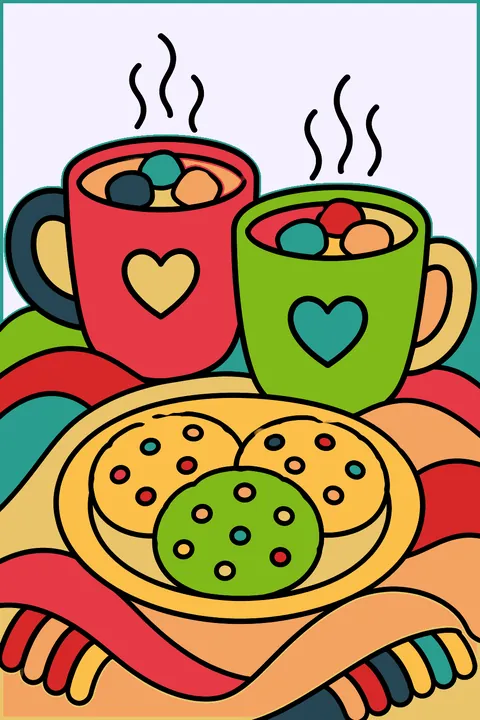 A plate of cookies next to two mugs of cocoa on a cozy blanket coloring page