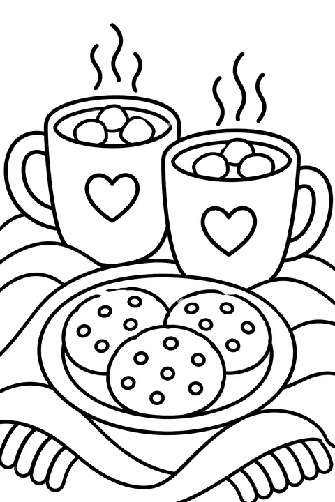A plate of cookies next to two mugs of cocoa on a cozy blanket coloring page