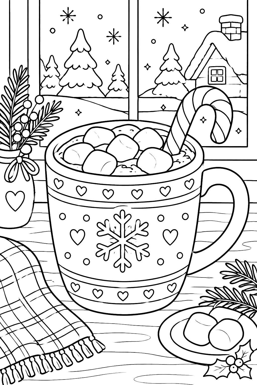 A big mug of hot cocoa with marshmallows and a candy cane on a table by a frosty window coloring page