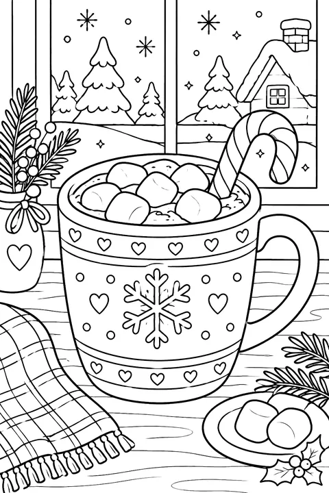 A big mug of hot cocoa with marshmallows and a candy cane on a table by a frosty window coloring page