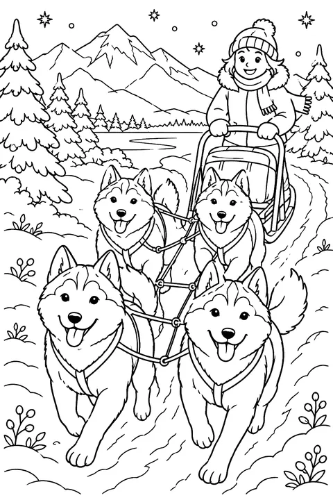 A team of husky dogs pulling a sled across the snow coloring page