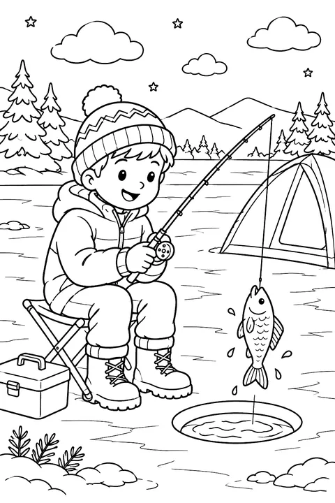 A kid ice fishing on a frozen lake next to a small tent, a fish on the line coloring page