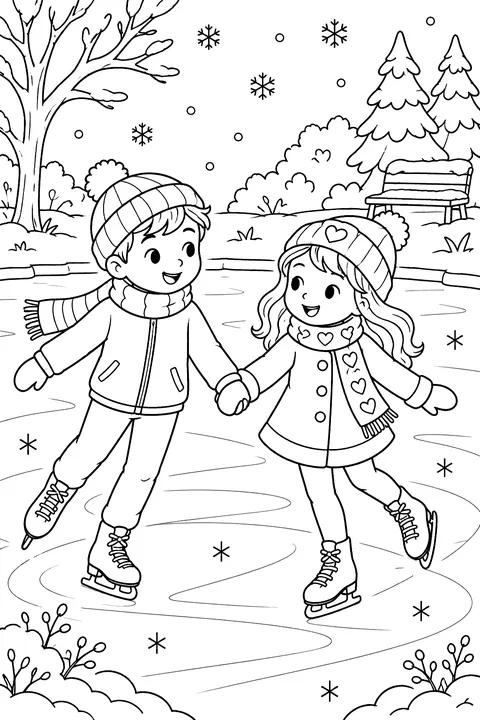 Two children ice skating on a frozen pond holding hands, trees and a bench nearby coloring page