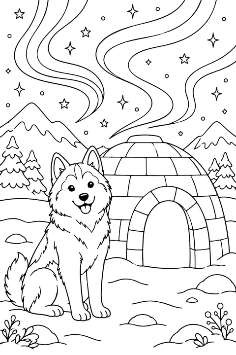 An igloo made of ice blocks with a husky dog sitting outside and northern lights in the sky coloring page