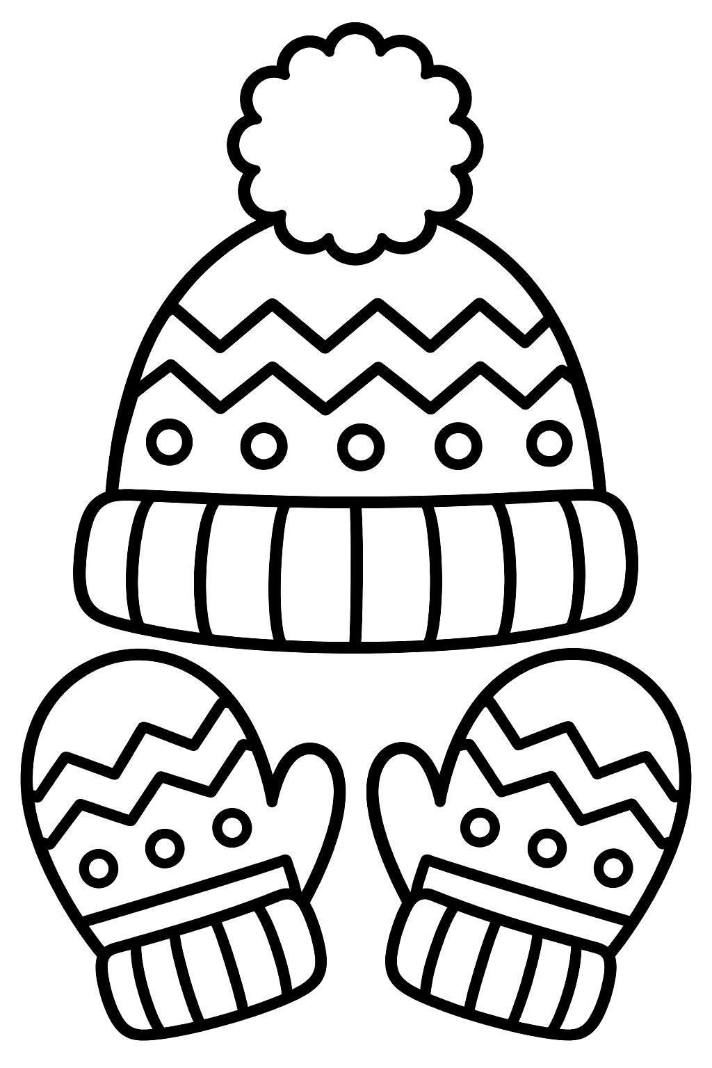 A pair of patterned knitted mittens and a pom-pom hat coloring page