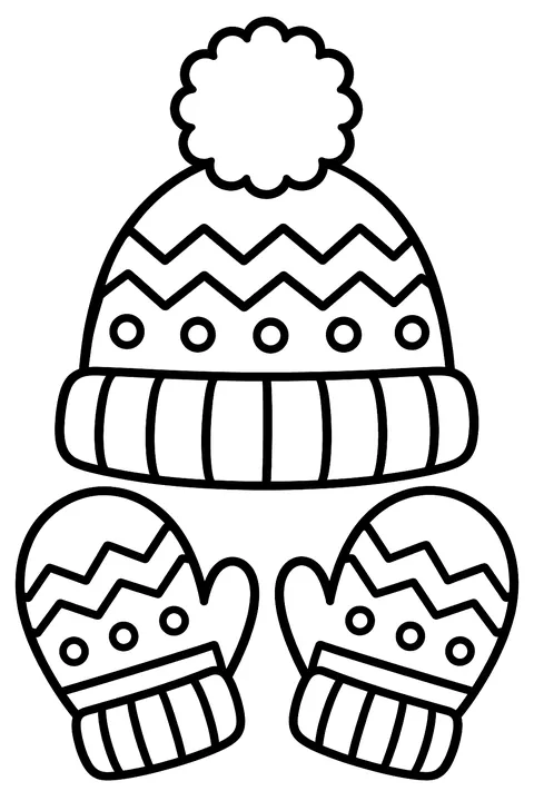 A pair of patterned knitted mittens and a pom-pom hat coloring page
