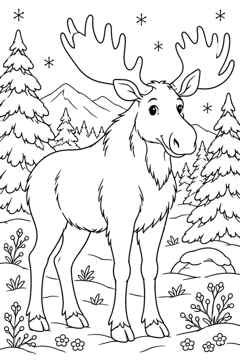 A moose standing in a snowy forest clearing coloring page
