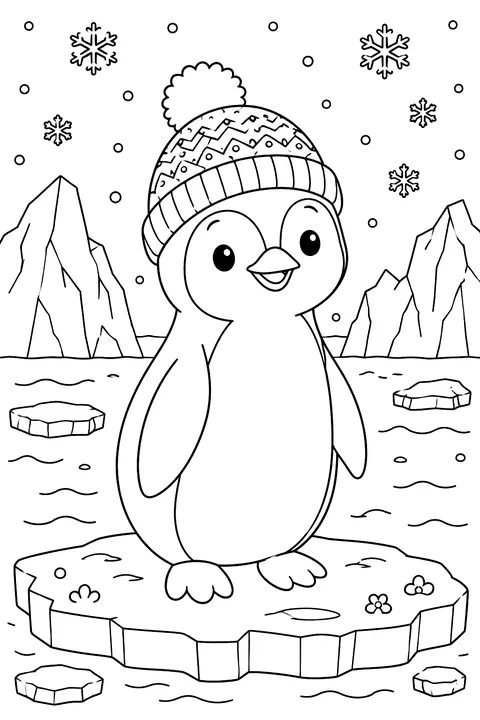 A penguin in a knitted hat standing on an ice floe with icebergs and snow falling coloring page