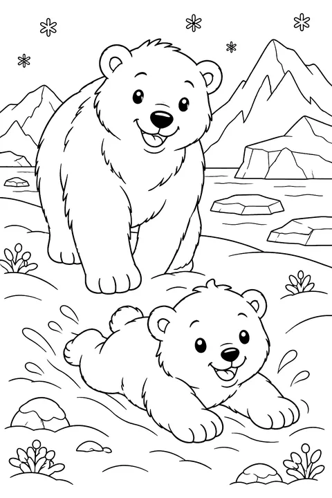 A polar bear cub sliding on its belly across the snow with a smiling mother bear behind coloring page