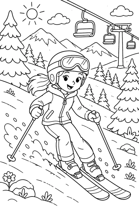 A skier going down a mountain slope with a ski lift and pine trees coloring page