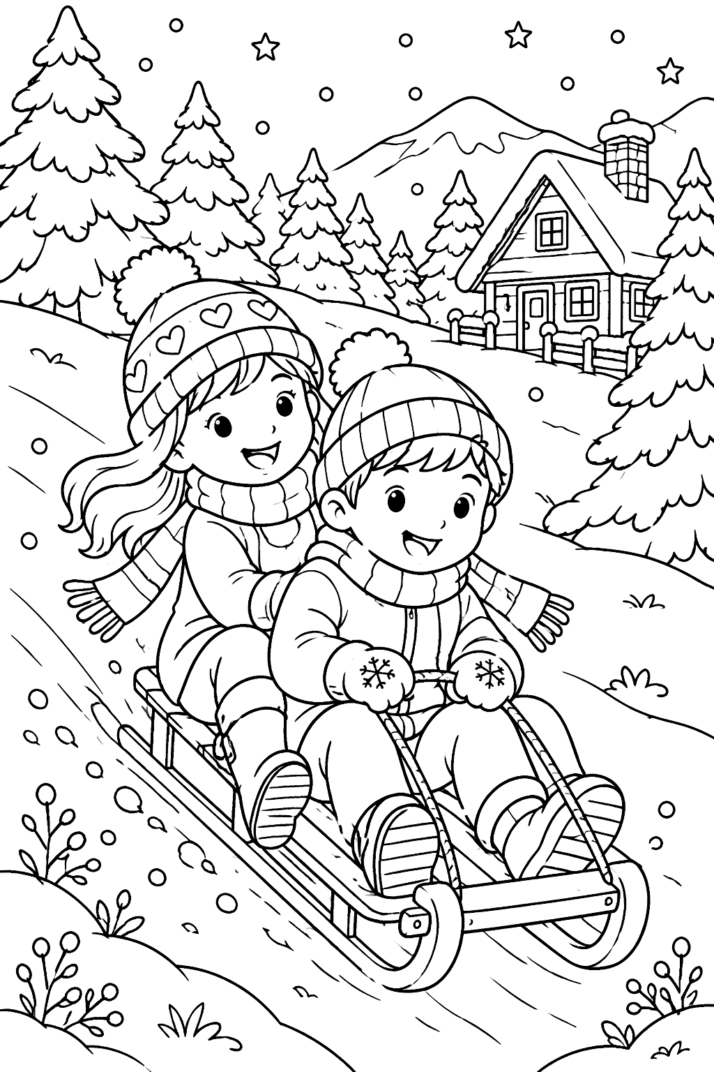 Two kids riding a wooden sled down a snowy hill with pine trees and a cabin in the background coloring page