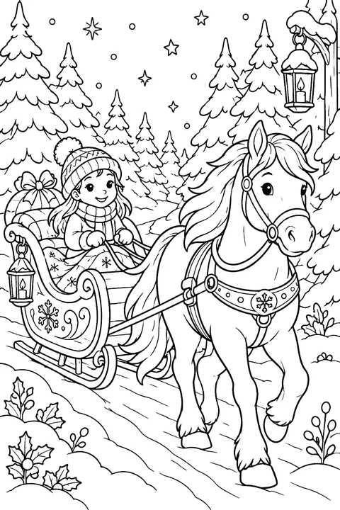 A horse pulling a sleigh through a snowy forest with lanterns coloring page