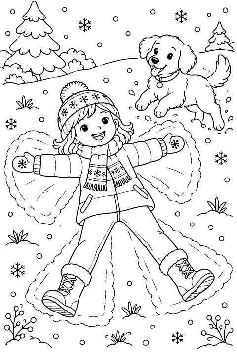A child lying in the snow making a snow angel, with a dog jumping nearby coloring page