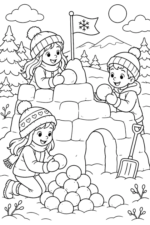 Kids building a snow fort with a pile of snowballs and a little flag on top coloring page
