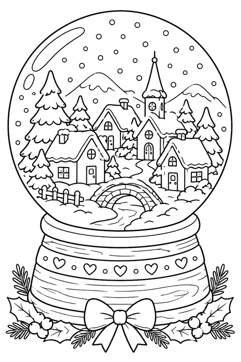 A snow globe with a tiny village and pine trees inside, on a wooden base coloring page