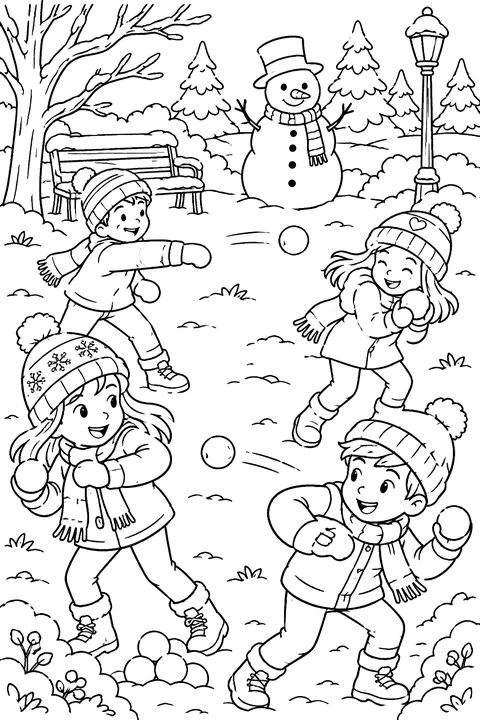 Children having a snowball fight in a park with a snowman watching coloring page