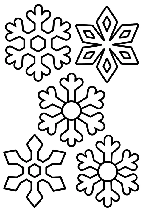 Five large different snowflakes with simple geometric patterns floating in the sky coloring page