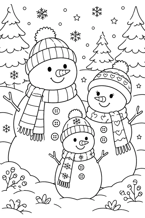 A family of three snowmen of different sizes with scarves and hats standing in a snowy yard with pine trees coloring page