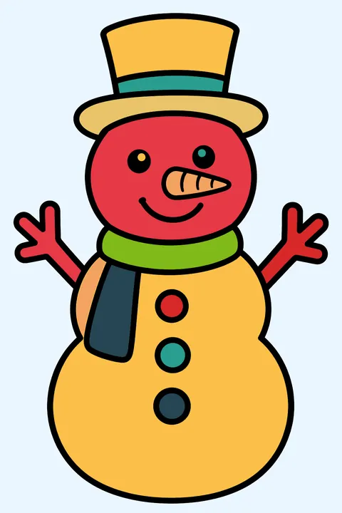 A simple happy snowman with a carrot nose, three buttons and a top hat coloring page