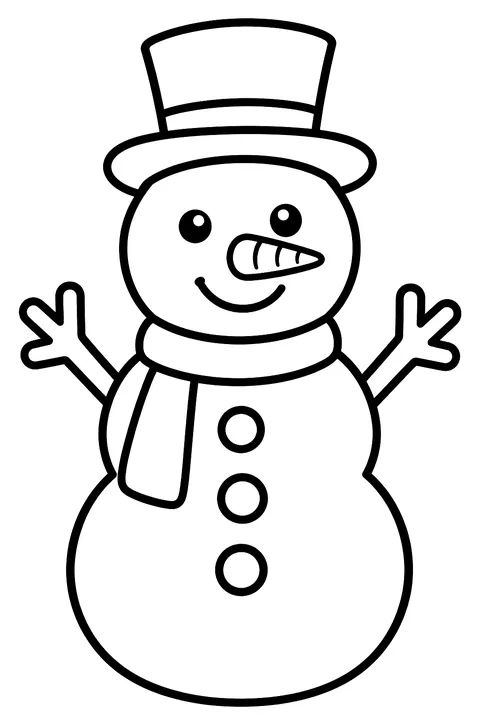 A simple happy snowman with a carrot nose, three buttons and a top hat coloring page