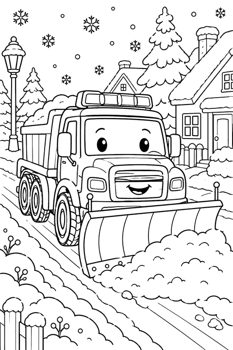 A snowplow truck clearing a snowy street coloring page