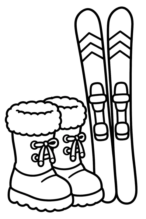 A pair of fuzzy snow boots next to a pair of wooden skis coloring page