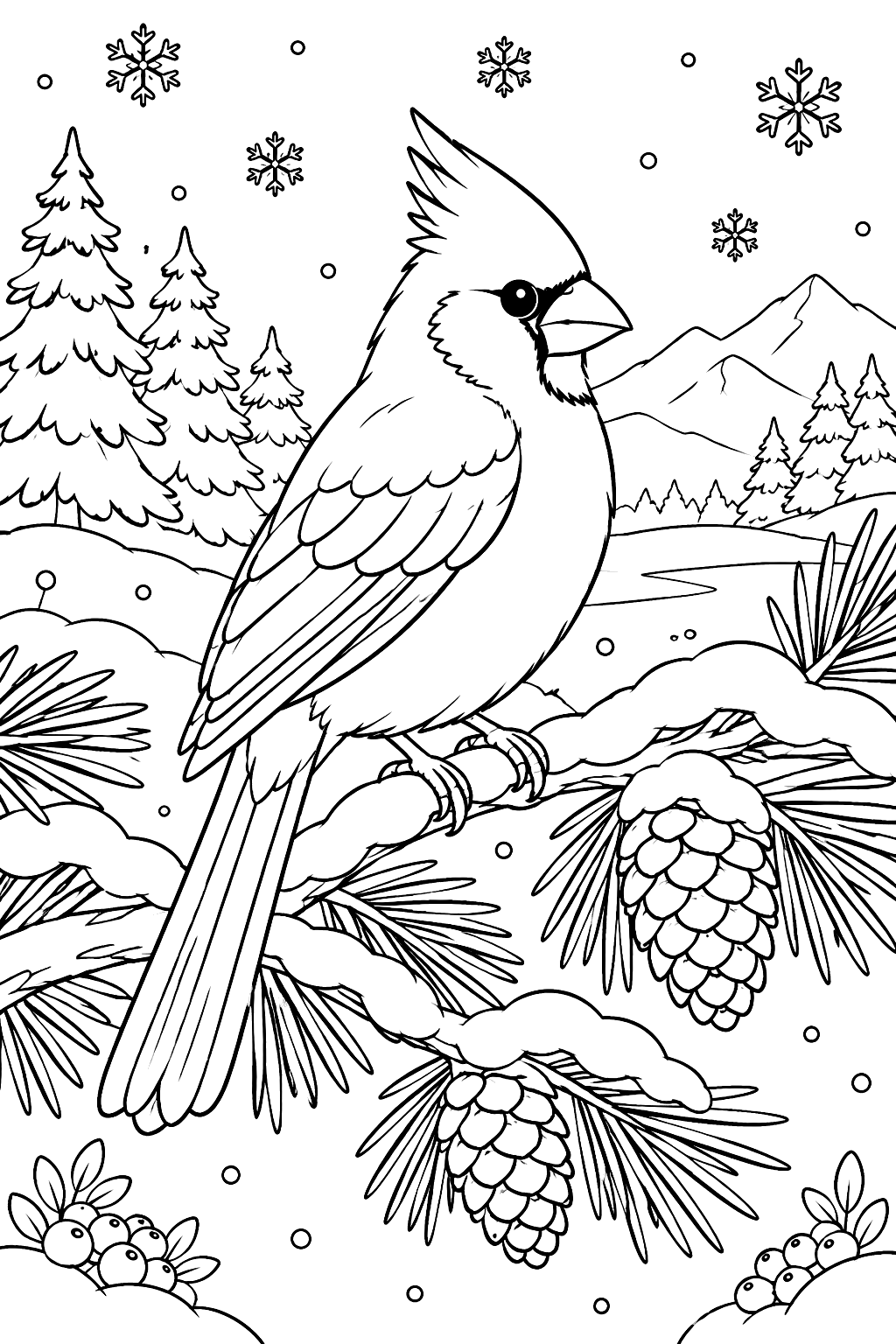 A cardinal bird sitting on a snowy pine branch with pinecones coloring page
