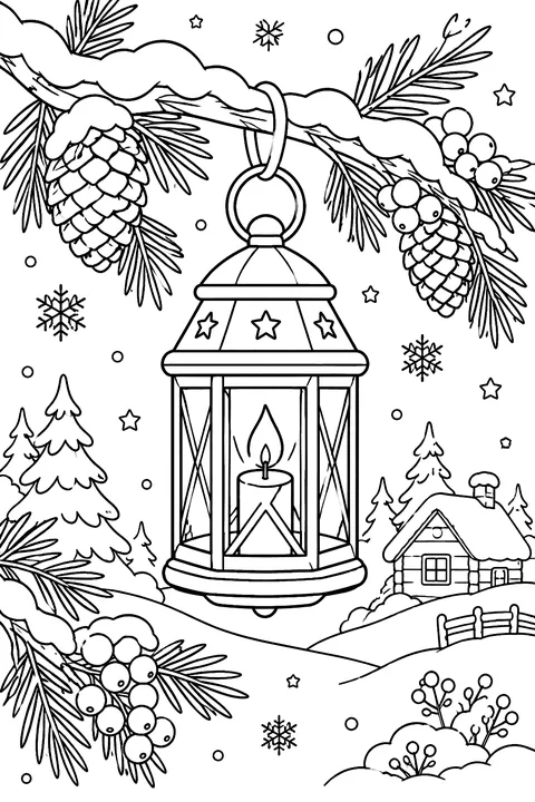 An old-fashioned lantern hanging on a snowy branch with pinecones and berries coloring page
