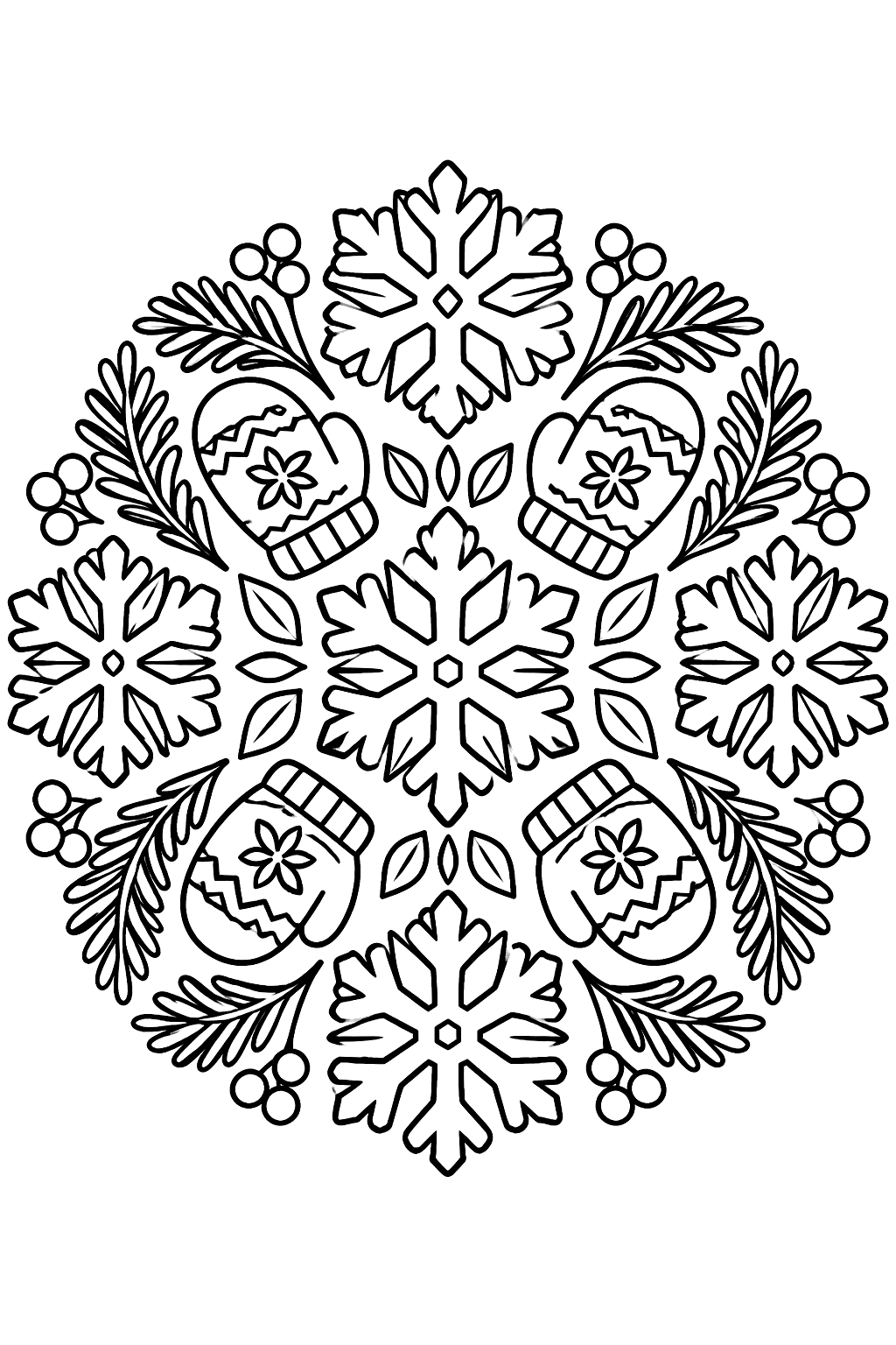 A round winter mandala made of snowflakes, pine branches, mittens and stars with bold closed shapes coloring page