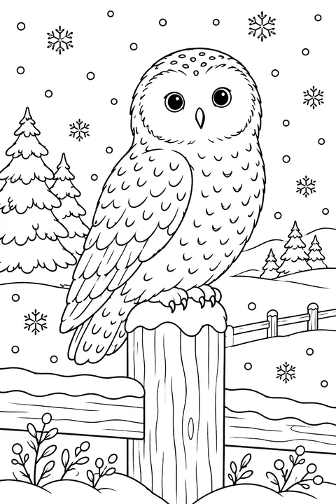 A snowy owl perched on a fence post with snow falling coloring page