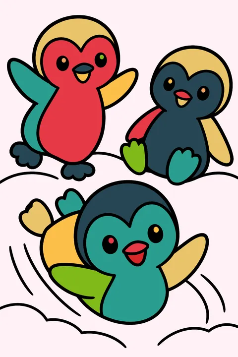 Three penguins sliding and playing on the snow coloring page