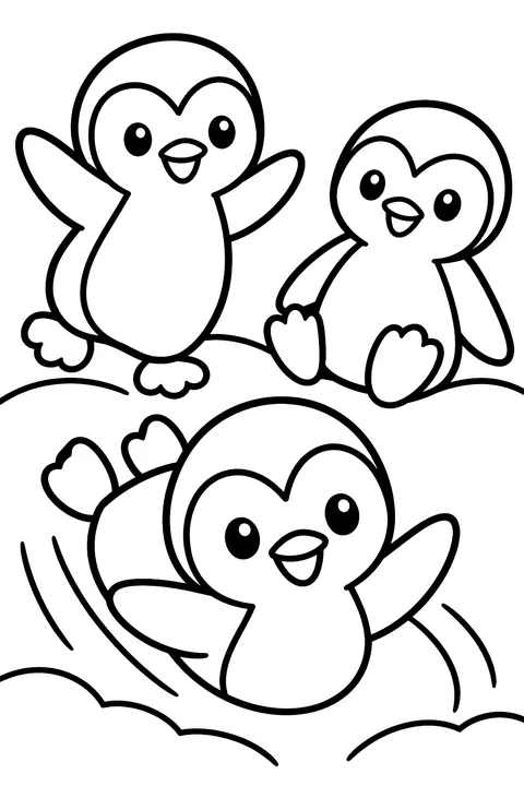 Three penguins sliding and playing on the snow coloring page