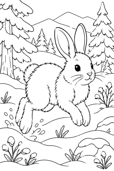A snowshoe rabbit hopping through snowy woods coloring page
