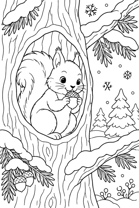 A squirrel in a tree hollow nibbling an acorn with snow on the branches coloring page