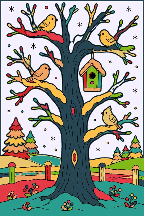 A big bare tree covered in snow with birds and a birdhouse coloring page