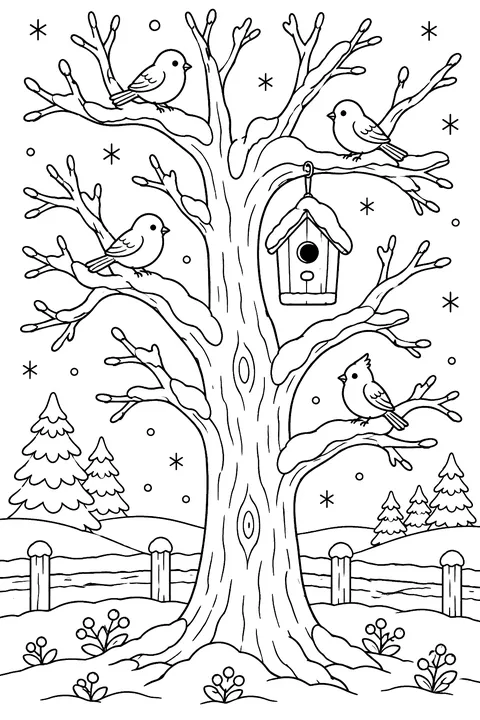A big bare tree covered in snow with birds and a birdhouse coloring page