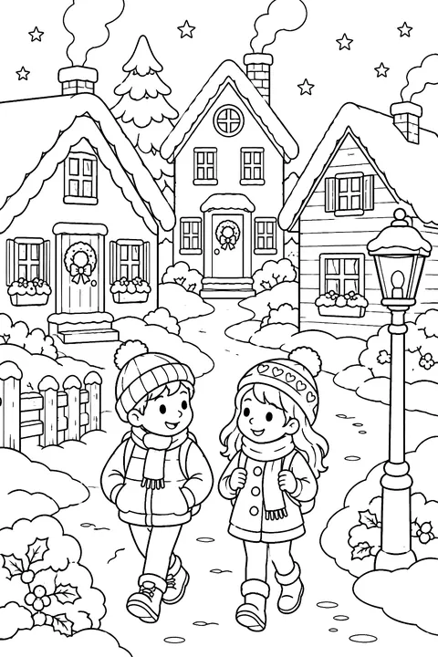 A small snowy village street with houses, a lamp post and people walking coloring page