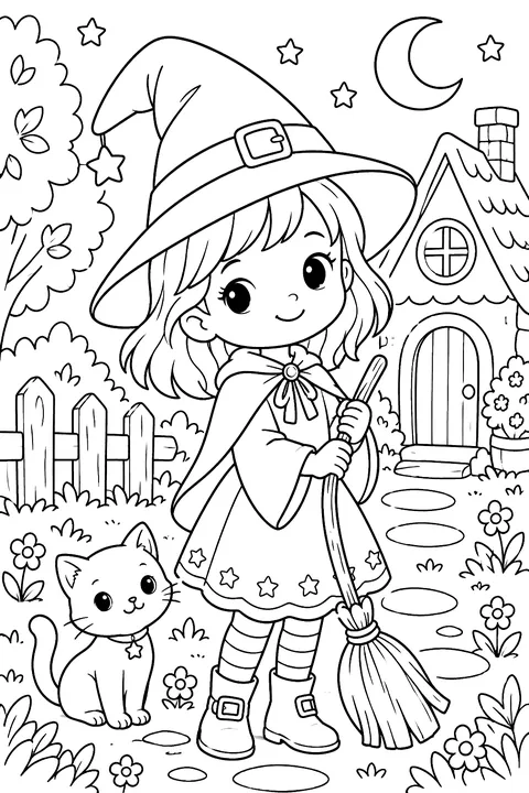 Baby witch with a tiny broom coloring page