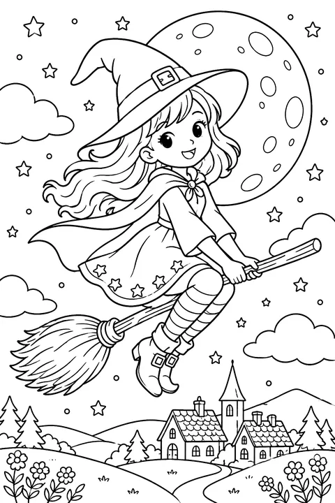 Cute witch flying on a broom past the moon coloring page