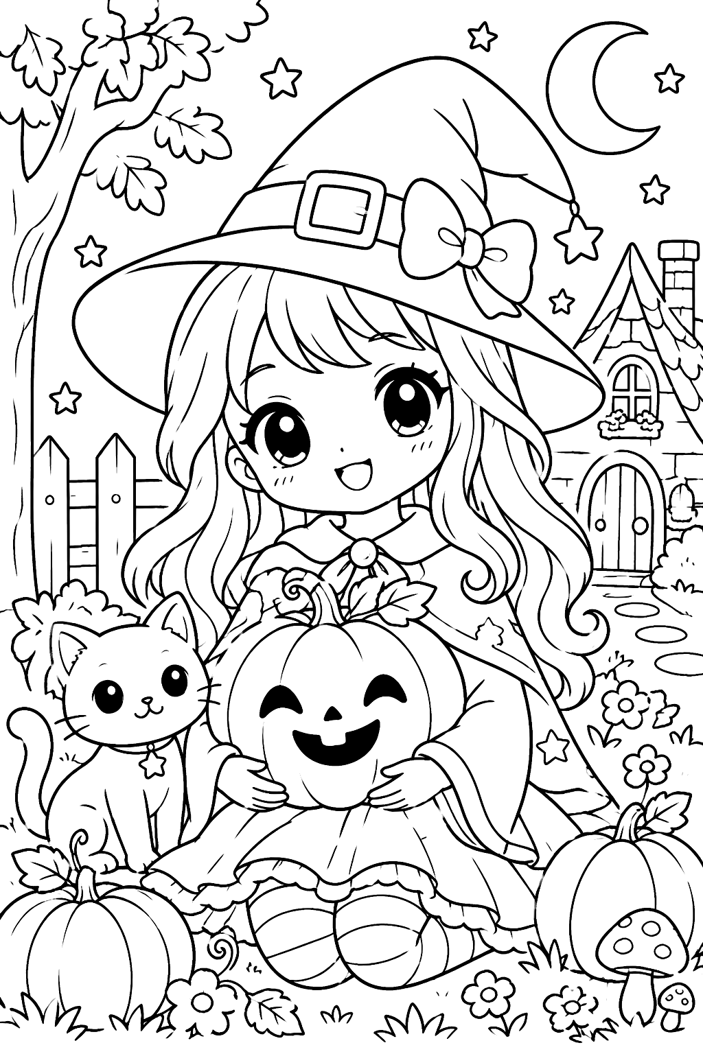 Kawaii witch with big eyes and a pumpkin coloring page
