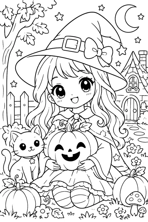 Kawaii witch with big eyes and a pumpkin coloring page