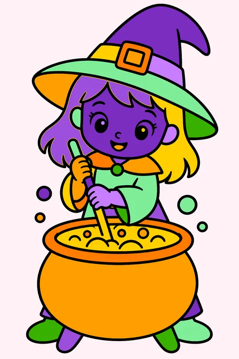 Little witch stirring a bubbling cauldron coloring page