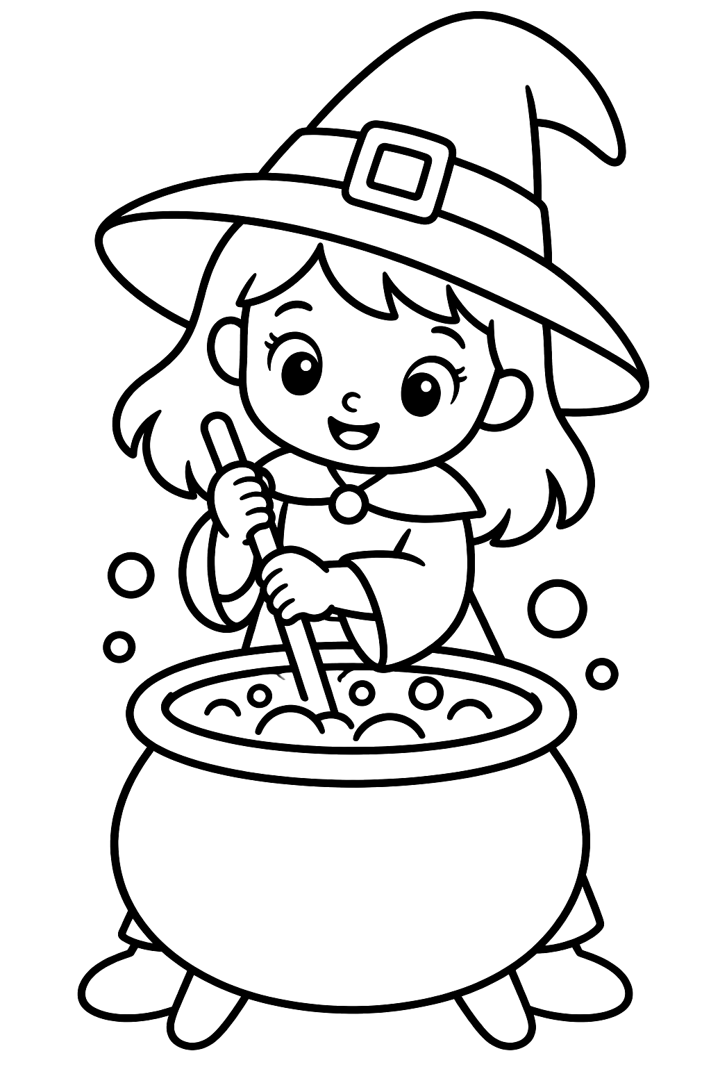Little witch stirring a bubbling cauldron coloring page