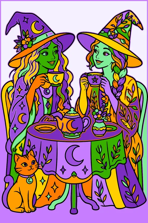 Two witch friends having tea coloring page