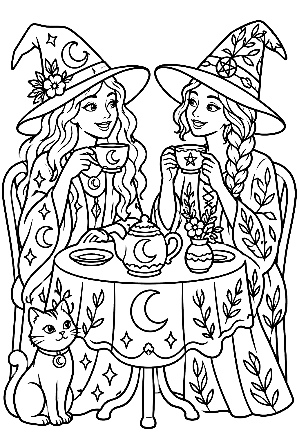 Two witch friends having tea coloring page
