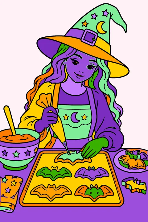 Witch baking cookies shaped like bats coloring page